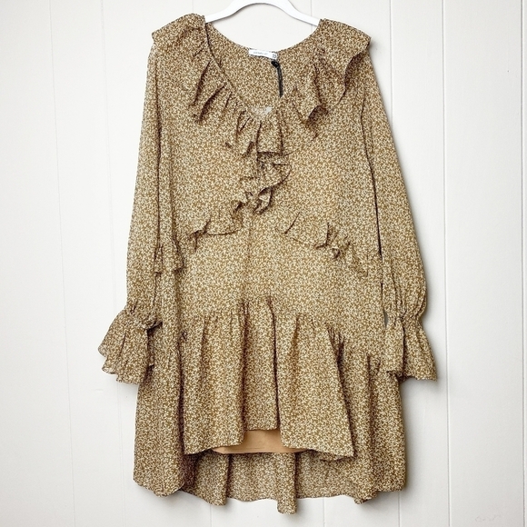 Cooper St NWT Rosie Long Sleeve Mini Dress 4 camel tan brown floral ruffle frill - Picture 3 of 10